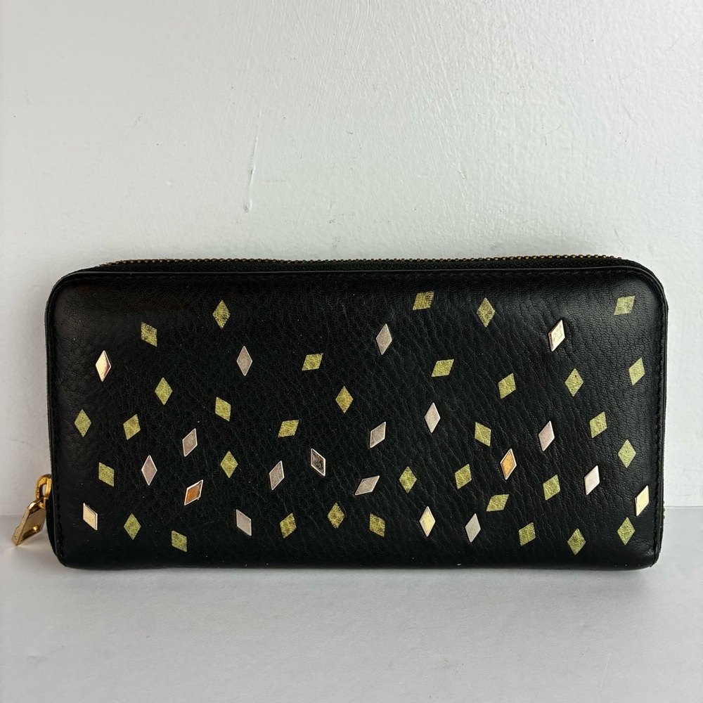 Fossil Black Leather Zip-Around Wallet Diamond Pattern Embellishments